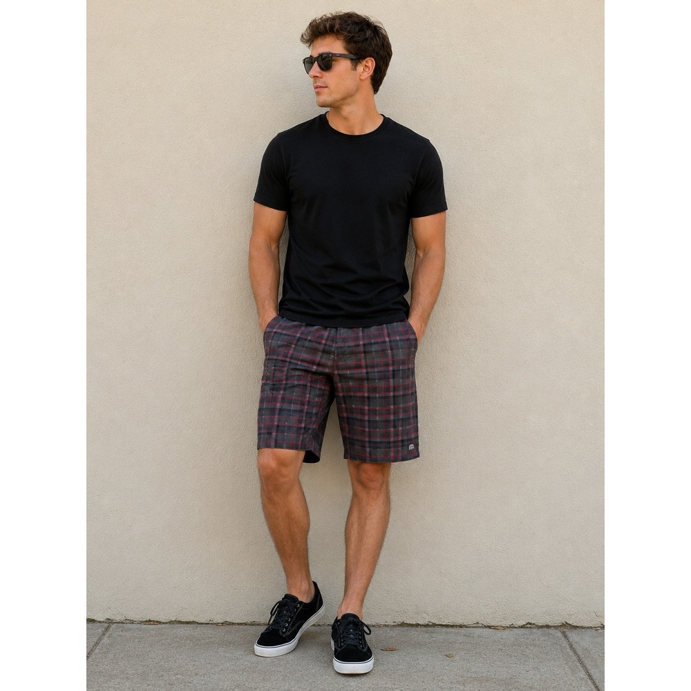 Travis Mathew Mens 30 Hybrid Golf Shorts Grey Red Plaid Stretch Board Shorts Y2K